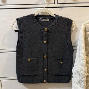 Zara Charcoal Knit Vest with Gold Accents